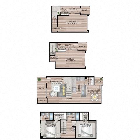 Floor plan for 2 beds, 2 baths, 1275 sqft