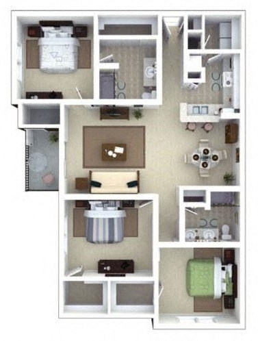 Floor plan for 3 beds, 2 baths, 1358 sqft