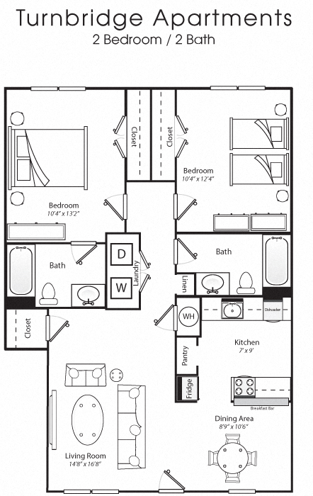 Floor plan for 2 beds, 2 baths, 949 sqft