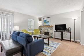Greensboro apartment for rent - A living room with a blue couch, a fireplace, and a television.