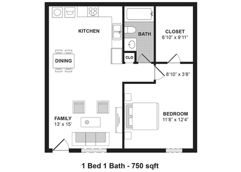 Floor plan for 1 bed, 1 bath, 750 sqft