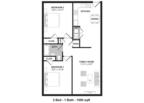 Floor plan for 2 beds, 1 bath, 1000 sqft