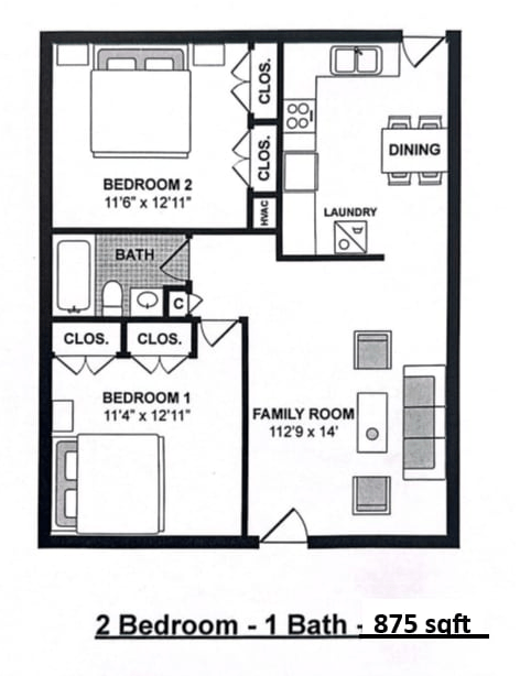 Floor plan for 2 beds, 1 bath, 875 sqft