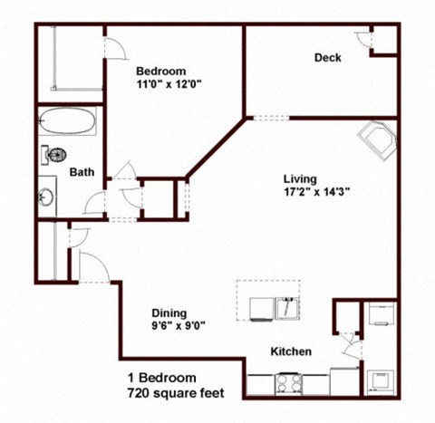 Floor plan for 1 bed, 1 bath, 720 sqft