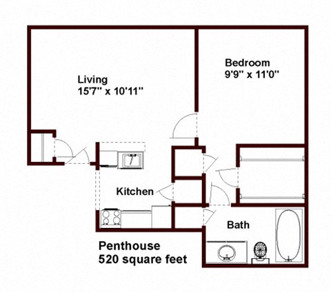Floor plan for 1 bed, 1 bath, 520 sqft