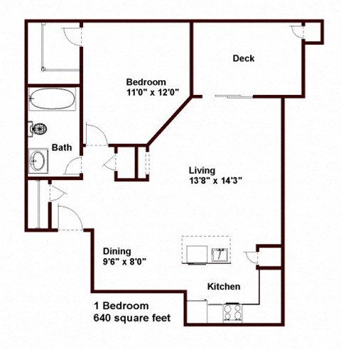 Floor plan for 1 bed, 1 bath, 640 sqft