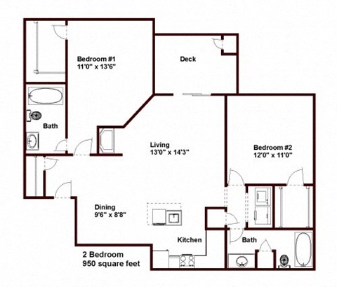Floor plan for 2 beds, 2 baths, 950 sqft