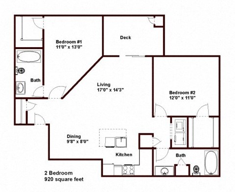Floor plan for 2 beds, 2 baths, 920 sqft