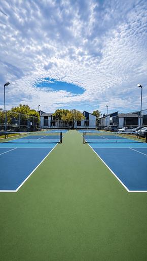 Lawton apartment for rent - A tennis court with a blue and green surface and a white line down the middle.