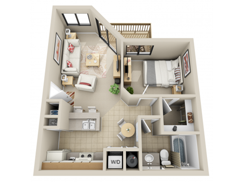 Floor plan for 1 bed, 1 bath, 671 sqft