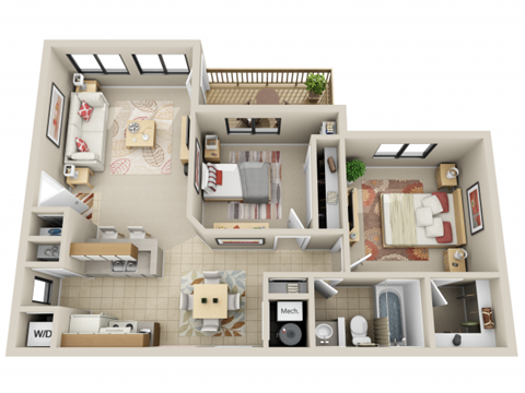Floor plan for 2 beds, 1 bath, 900 sqft