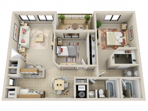 Floor plan for 2 beds, 2 baths, 1000 sqft