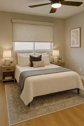 Phoenix apartment for rent - A bedroom with a bed, nightstands, and a ceiling fan.