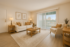 Phoenix apartment for rent - A living room with a white couch, a chair, a coffee table, and two lamps.