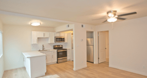 Phoenix apartment for rent - A kitchen with white appliances and wooden floors.