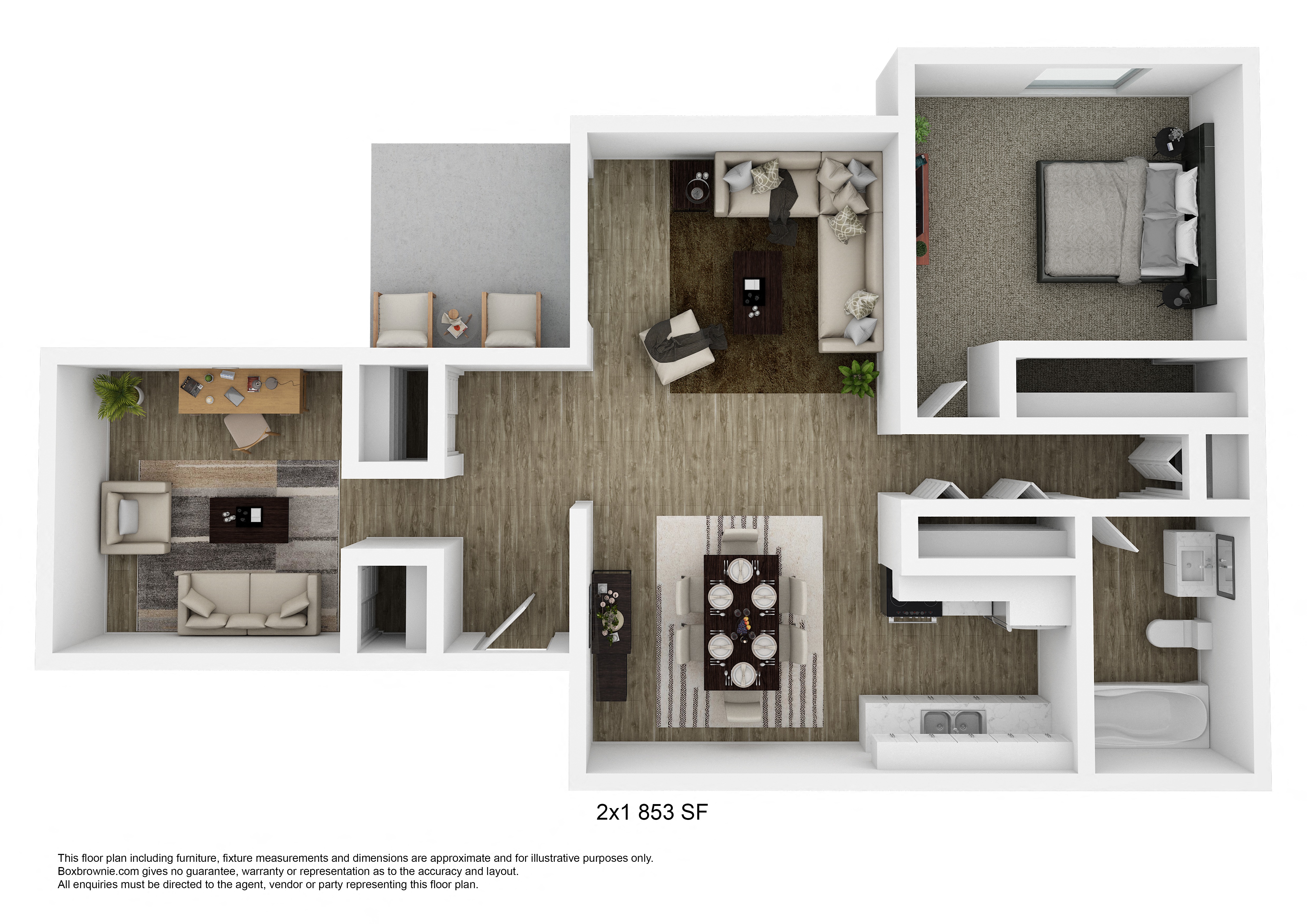 Floor plan for 2 beds, 1 bath, 853 sqft