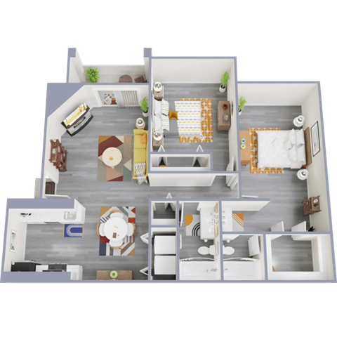 Floor plan for 2 beds, 2 baths, 1047 sqft