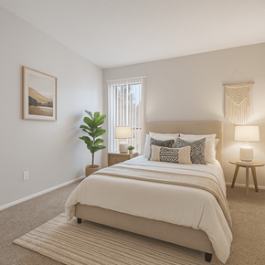 Flagstaff apartment for rent - A bedroom with a large bed and a plant on the side table.