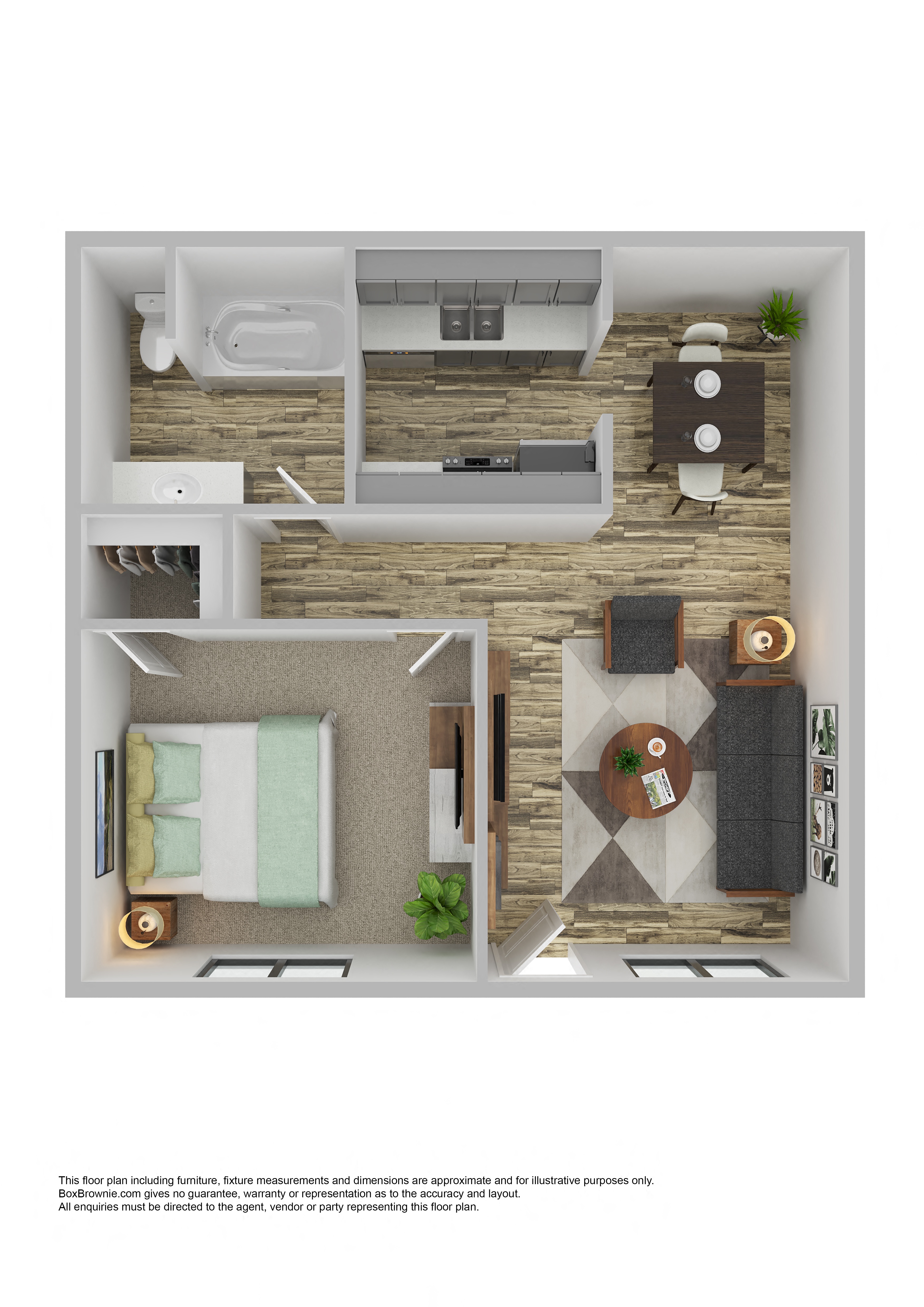 Floor plan for 1 bed, 1 bath, 600 sqft
