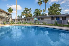 Phoenix apartment for rent - A swimming pool in front of a building with palm trees.