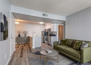 Phoenix apartment for rent - A living room with a green couch and a coffee table.