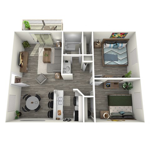 Floor plan for 2 beds, 1 bath, 731 sqft