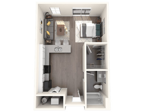 Floor plan for studio, 1 bath, 606 sqft