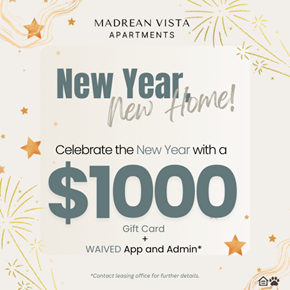 Thatcher apartment for rent - A promotional image for Madrean Vista Apartments offering a $1000 gift card and waived app and admin fee for new tenants.