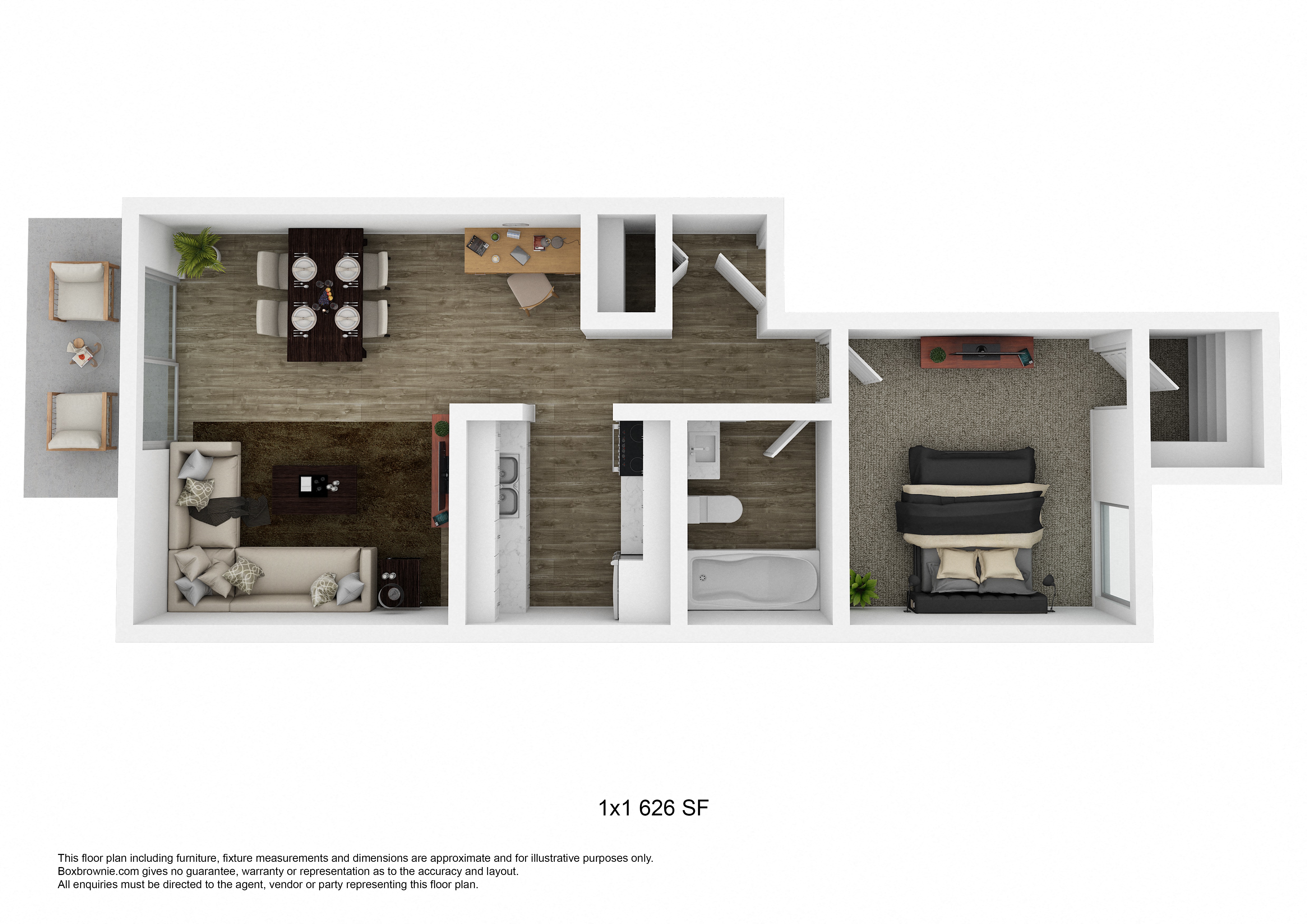Floor plan for 1 bed, 1 bath, 626 sqft