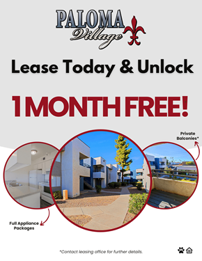 Phoenix apartment for rent - A promotional image for Paloma Villas advertising a free month lease offer.