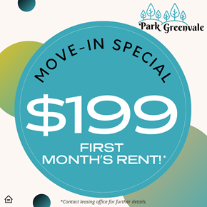 Phoenix apartment for rent - A promotional image for Park Greenvale's move-in special offering a first month's rent of $199.