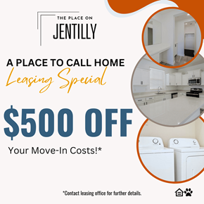 Tempe apartment for rent - A poster advertising a $500 off leasing special at Place on Jentillly townhomes.