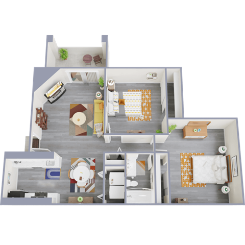 Floor plan for 2 beds, 1 bath, 874 sqft