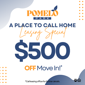 Phoenix apartment for rent - A promotional image for Pomelo Park advertising a leasing special with $500 off move-in.