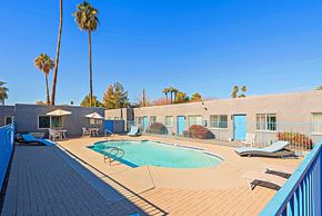 Phoenix apartment for rent - A pool surrounded by palm trees and a blue fence.