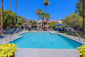 Phoenix apartment for rent - A large swimming pool surrounded by palm trees and lounge chairs.