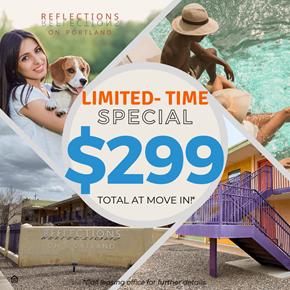 Phoenix apartment for rent - A promotional image for Reflections on Portland advertising a special rate of $299.