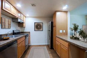Phoenix apartment for rent - A kitchen with wooden cabinets and a black refrigerator.