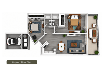 Scottsdale townhouse for rent - A top-down view of a regency floor plan showing a living room, kitchen, and two bedrooms.