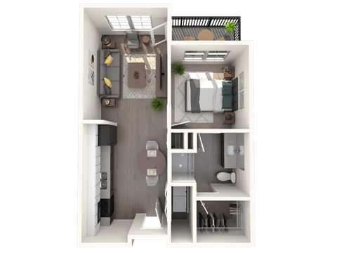 Floor plan for 1 bed, 1 bath, 739 sqft