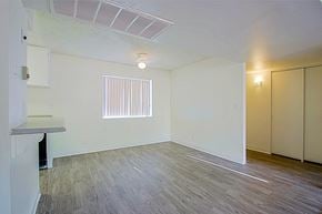 Phoenix apartment for rent - the living room and dining room of an apartment with wood flooring and a window