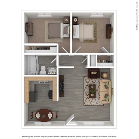 Floor plan for 2 beds, 1 bath, 704 sqft