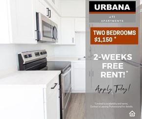 Phoenix apartment for rent - A kitchen advertisement for Urbana apartments offering two bedrooms for rent at $1,150 for 2 weeks.