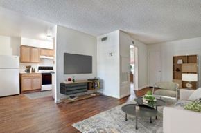 Phoenix apartment for rent - A living room with a couch, a coffee table, and a television at Foothills Court Apartments, Phoenix, AZ