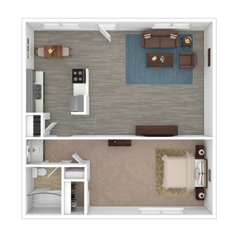 Floor plan for 1 bed, 1 bath, 607 sqft