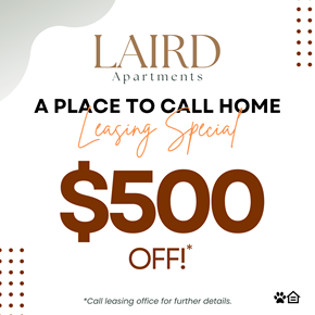 Phoenix apartment for rent - A promotional image for Laird Apartments offering a leasing special with $500 off.