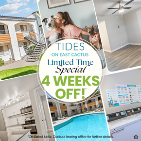 Phoenix apartment for rent - A collage of images showcasing a property with a special offer of 4 weeks off at Tides on East Cactus Apartments, Phoenix, Arizona