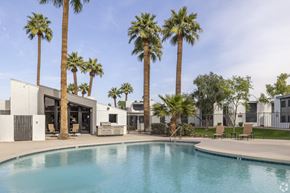 Mesa apartment for rent - A pool surrounded by palm trees and modern buildings.