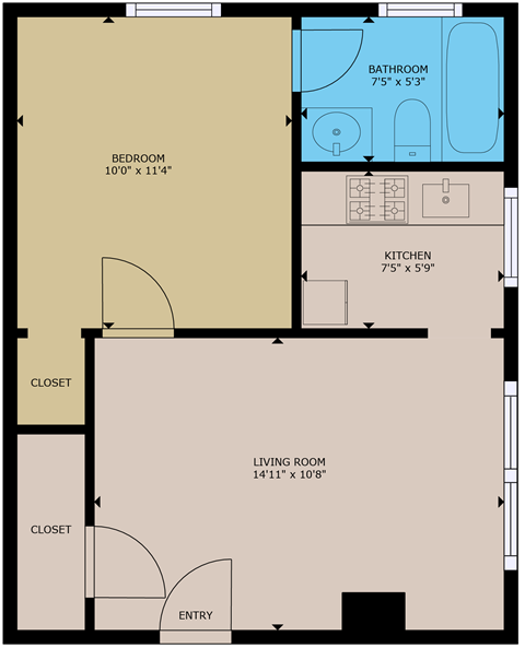 Floor plan for 1 bed, 1 bath, 395 sqft