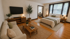 Washington apartment for rent - A well-lit bedroom with a large bed and a couch.